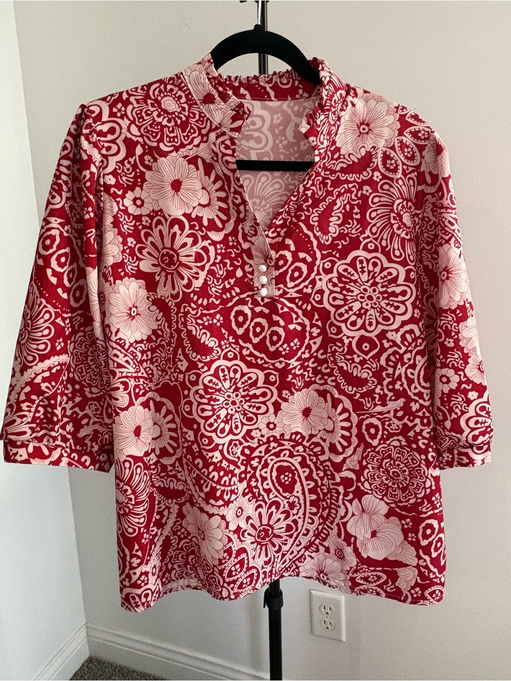 Red Floral Split-Neck Blouse with Mandarin Collar